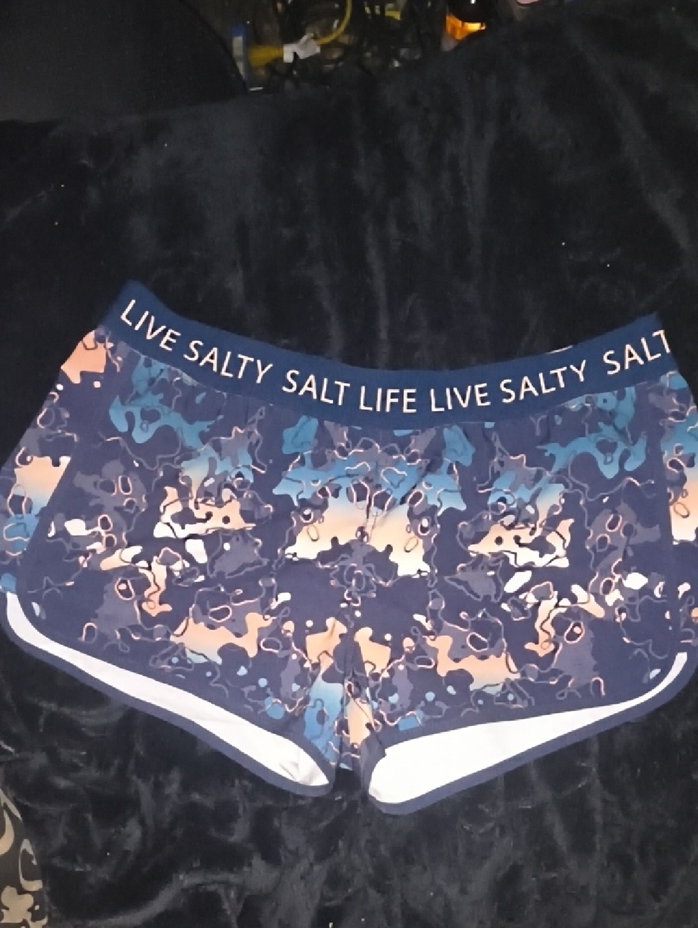 Salt Life Navy Teal Peach Women's Swim Shorts - Live Salty Waistband